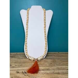 Carolina Strung Wood Bead Horsehair Tassel Necklace Boho Tribal Eye Motif Long